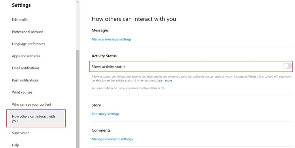 How to turn off active status on Instagram web