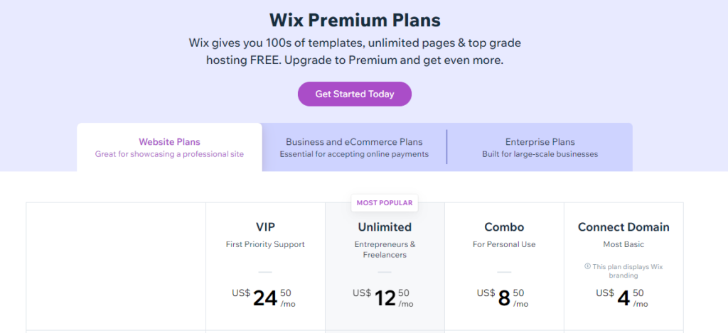 Wix Pricing Plans