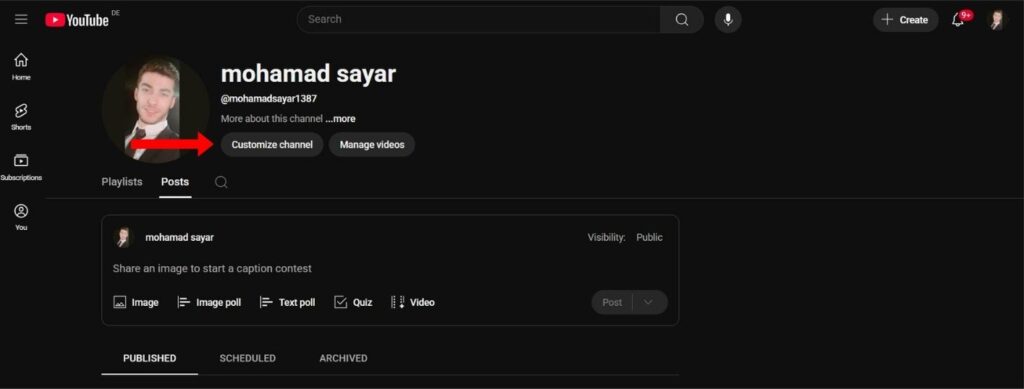 Click on customized channel to edit your YouTube profile