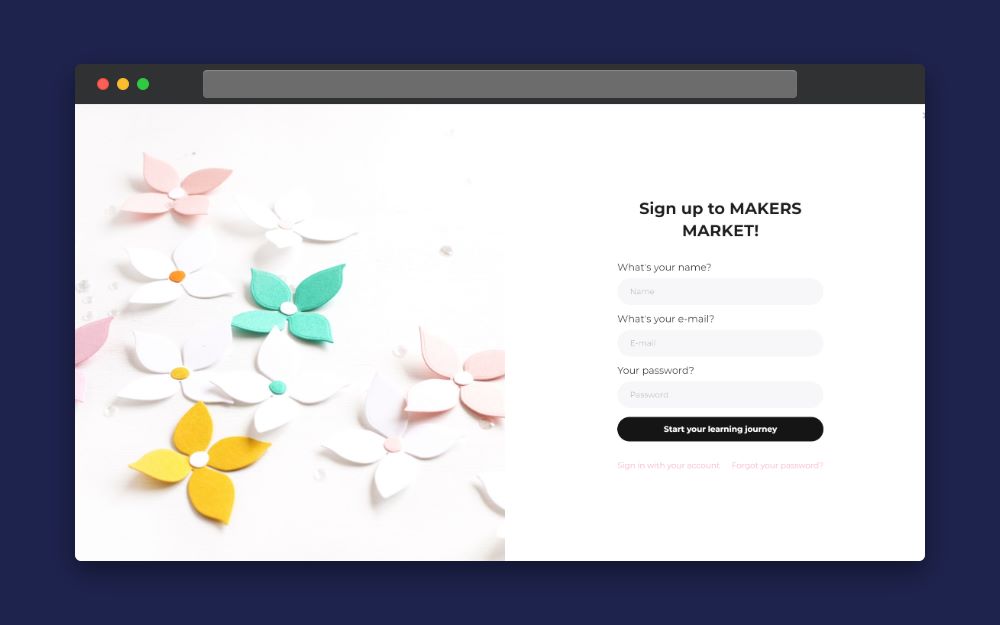 A landing page for The Stamp Market which invites users to join its Makers Market 
