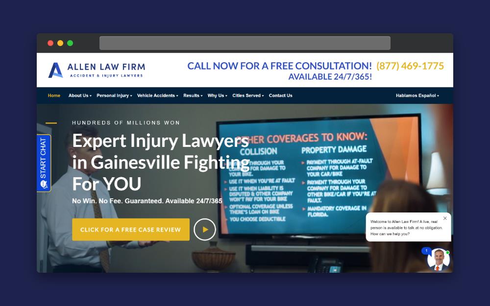 A landing page for Allen Law Firm which offers a free case review 