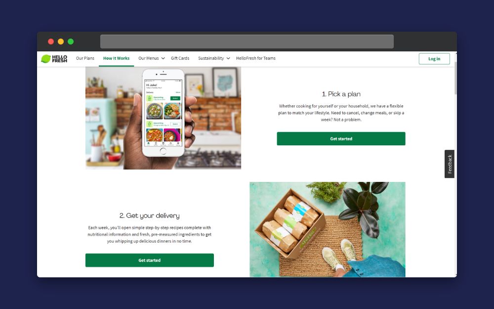 A landing page for Hello Fresh which compels users to Get Started with their subscription service