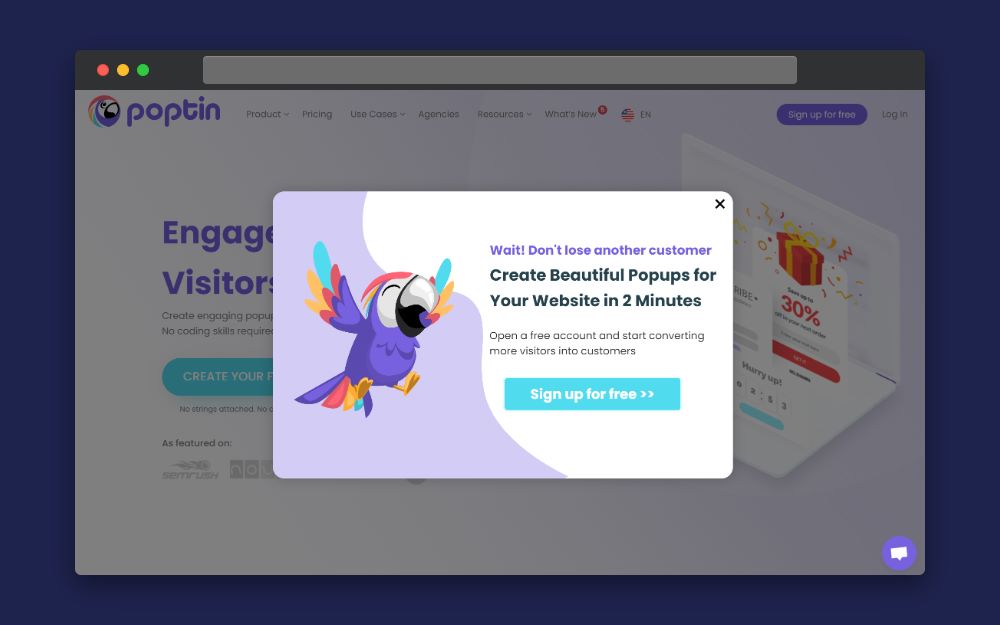 A landing page for the website Poptin which offers free popups in 2 minutes 

