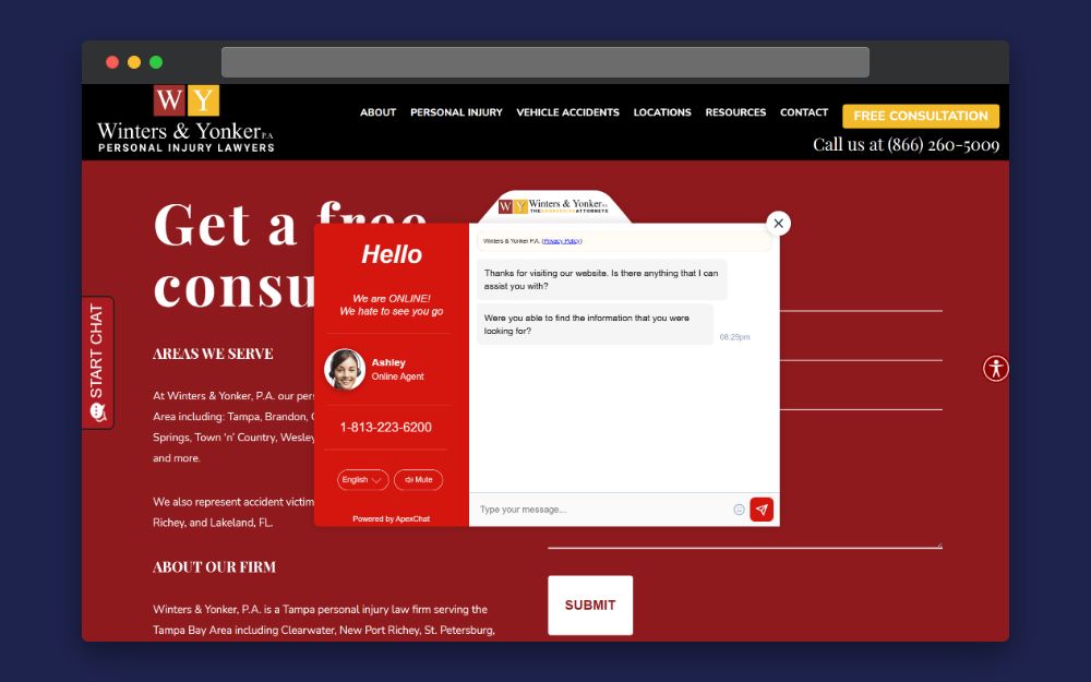 A landing page for Winters & Yonker, P.A. that has a personalized chatbot