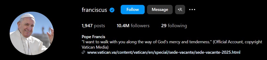 Pope Franciscus Instagram bio